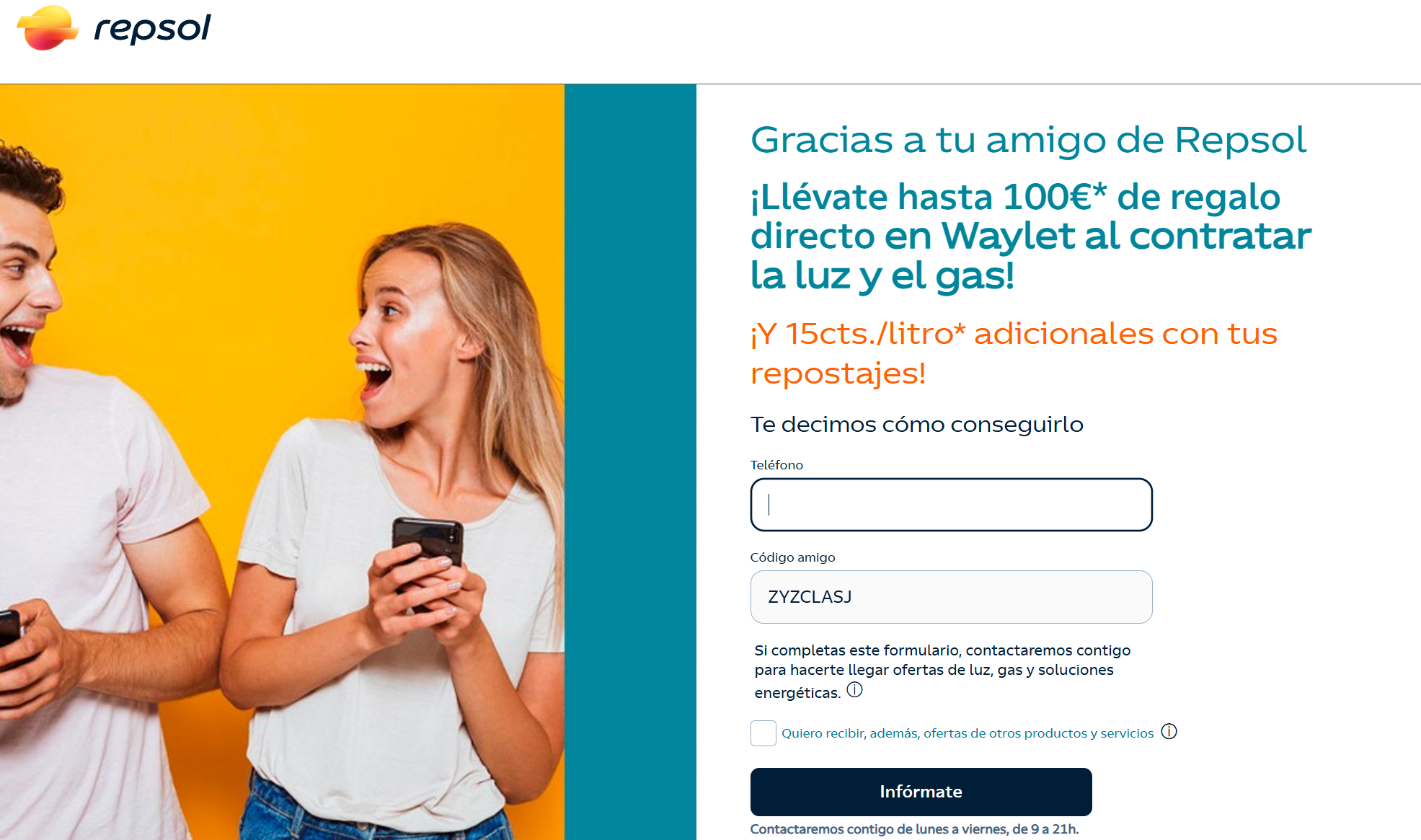 Captura de pantalla: página de suscripción Plan Amigo Repsol con código visible